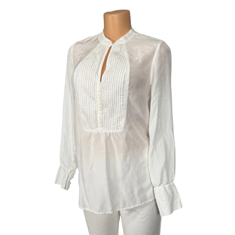 Free People White Pleated Bib Long Sleeve Blouse‎ Size Small